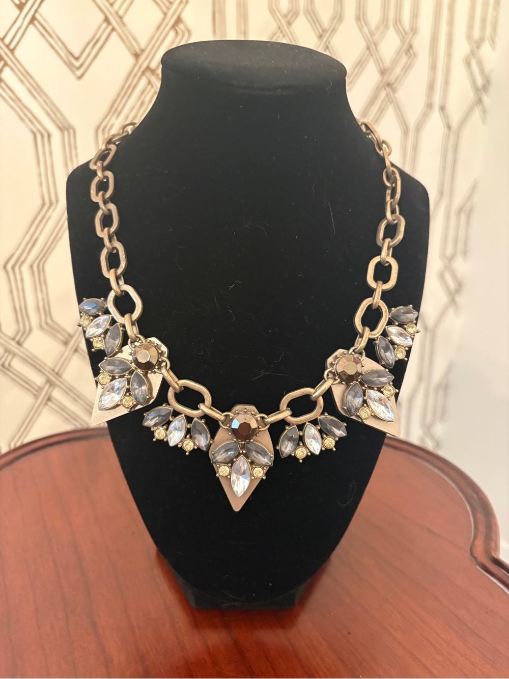 Statement Crystal Bib Necklace in Gold-Tone with Gray Crystals